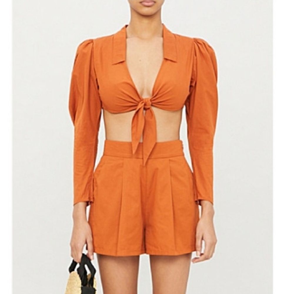 WeWoreWhat Womens Small Bisou Burnt Orange Puff Sleeve Tie Front Crop Blouse - Picture 7 of 16